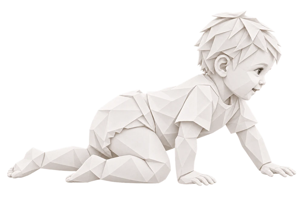 Krabbelndes Kind als weiße Origami-Figur zur körperlich verschmelzenden Haltung.