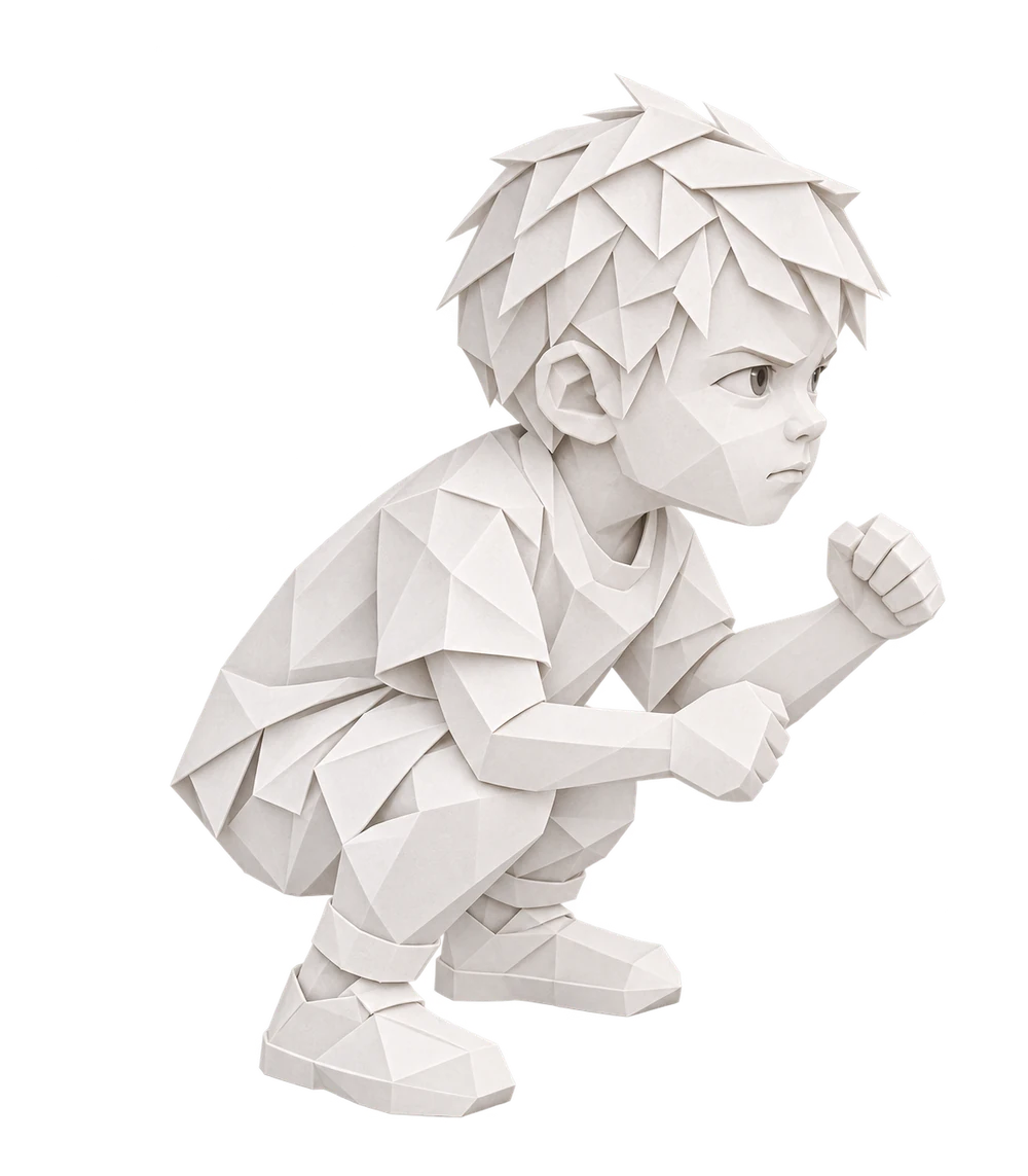 Hockendes Kind mit geballter Faust als weiße Origami-Figur zur selbstorientiert impulsiven Haltung.