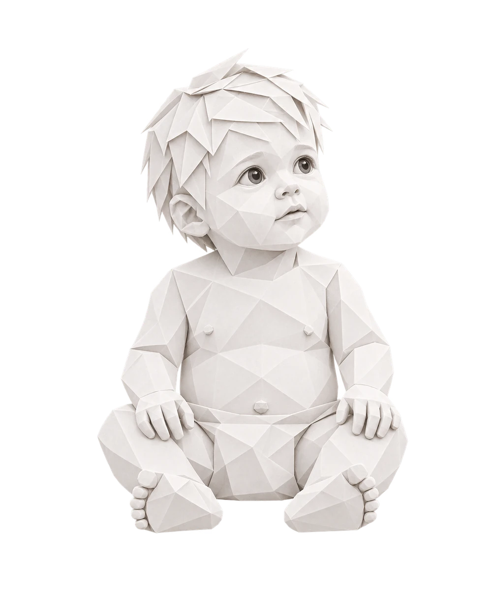 Sitzendes Baby als weiße Origami-Figur zur vorsozial instinktiven Haltung.