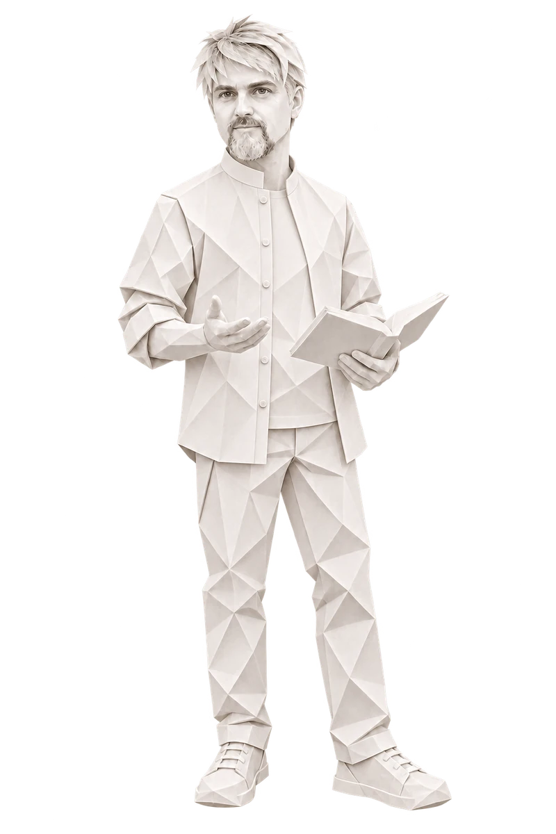 Christoph Jan Kramer als weiße Origami-Figur mit offenem Buch.